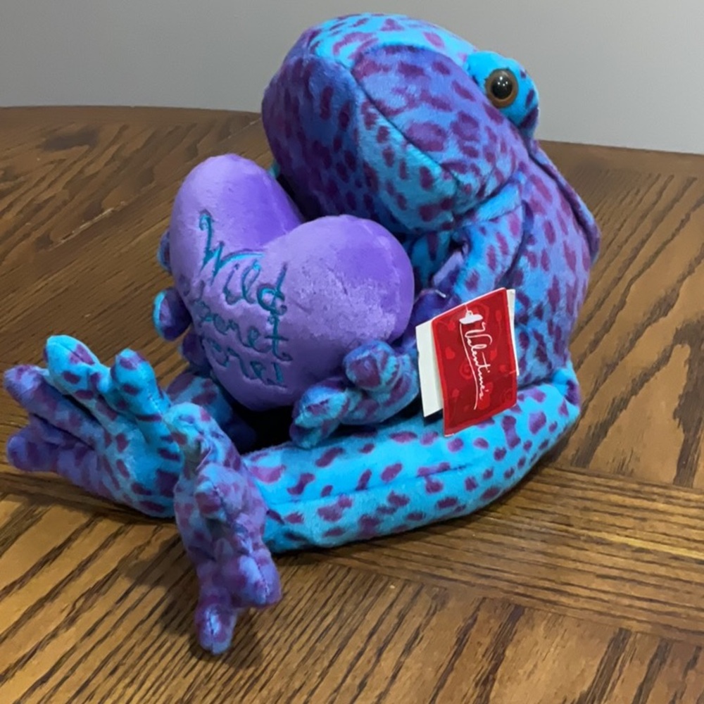 Adorable blue & purple stuffed frog holding a heart 💜 that says Wild about You!